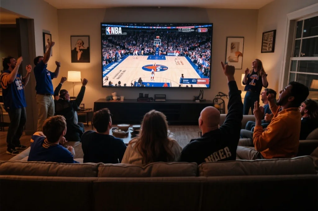 球迷们聚集在客厅大屏幕前兴奋地观看NBA比赛集锦,画面充满激情与欢呼